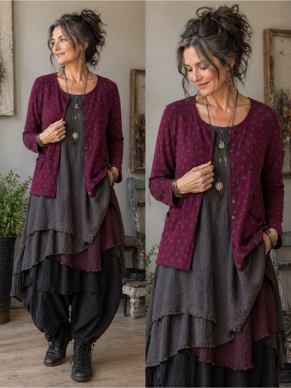 Gudrun Sjödén Polka Dot Cardigan Burgundy Gray Medium Lagenlook